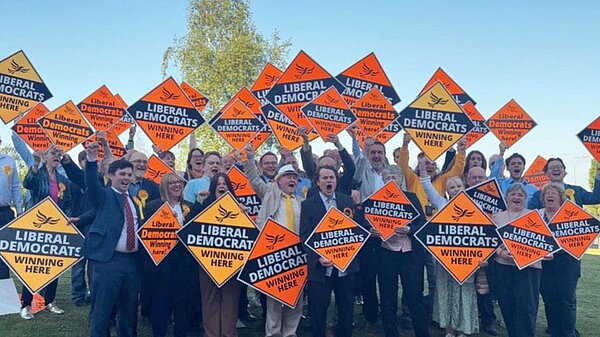 Winning Lib Dem councillors outside Guidlhall